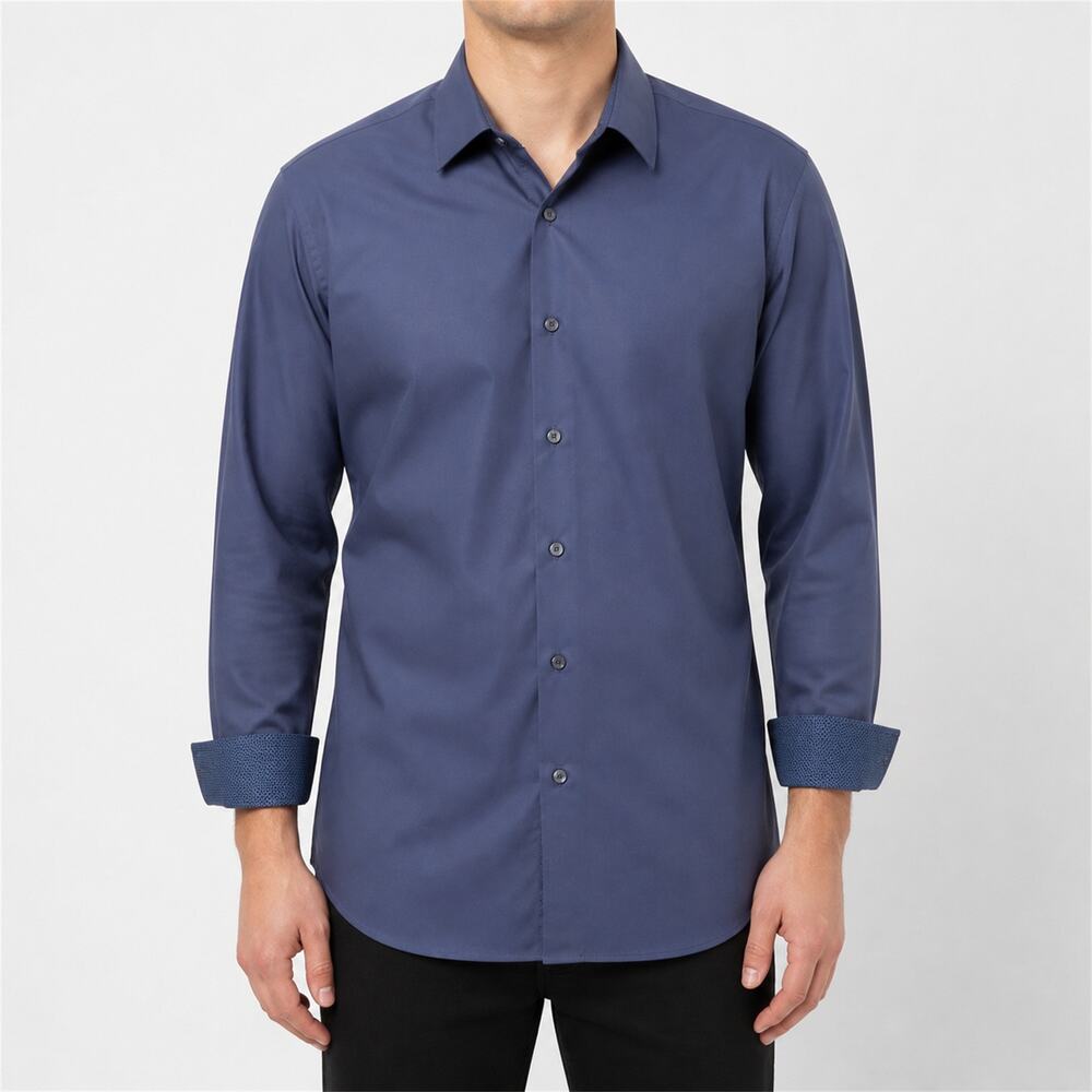 Ted Baker Shirt Mens 17 Blue Round Hem Long Sleeve Flip Cuffs Slim Fit Formal